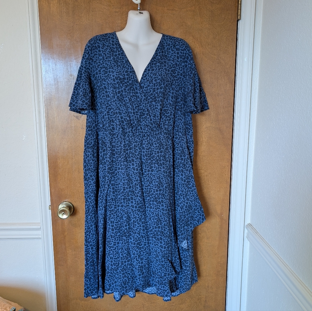 Torrid Mini Challis Blue Black Animal Print Faux Wrap Dress